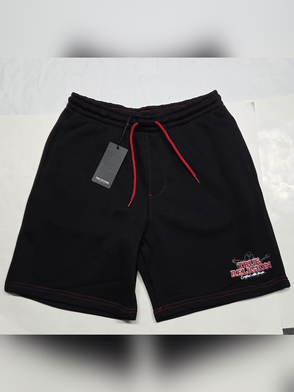 True Religion Fleece Black Red Shorts Mens Size M. NEW!